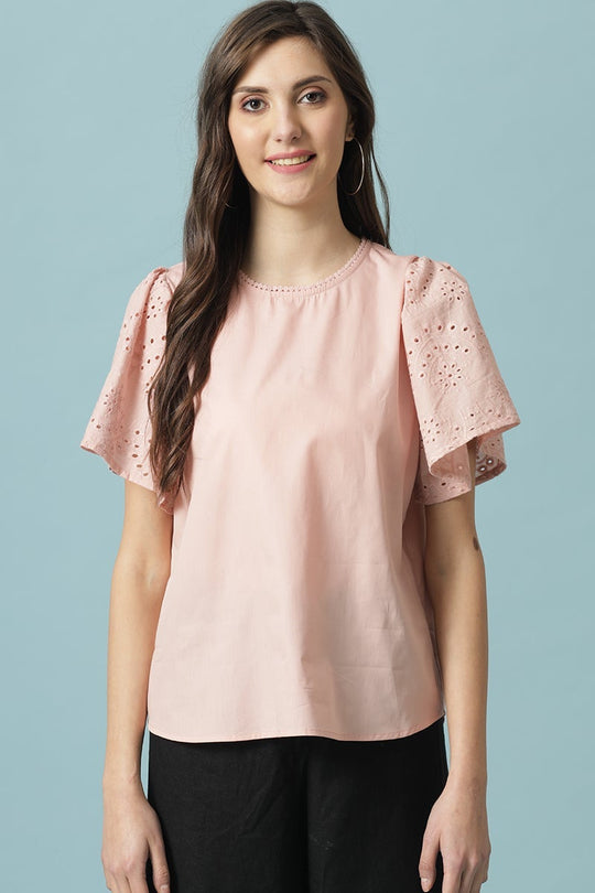 Gipsy Dusky Pink Medium Length Round Neck Cotton Blouse