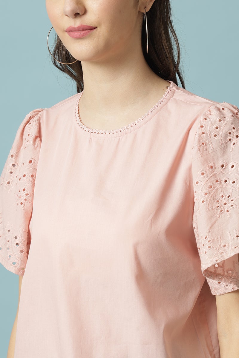 Gipsy Dusky Pink Medium Length Round Neck Cotton Blouse