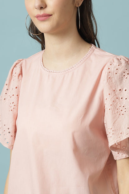Gipsy Dusky Pink Medium Length Round Neck Cotton Blouse