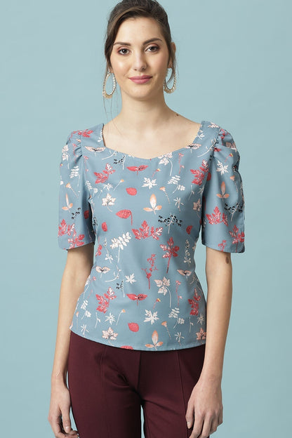 Gipsy Steel Blue Medium Length Round Neck Polyester Blouse