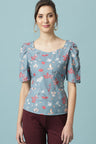 Gipsy Steel Blue Medium Length Round Neck Polyester Blouse