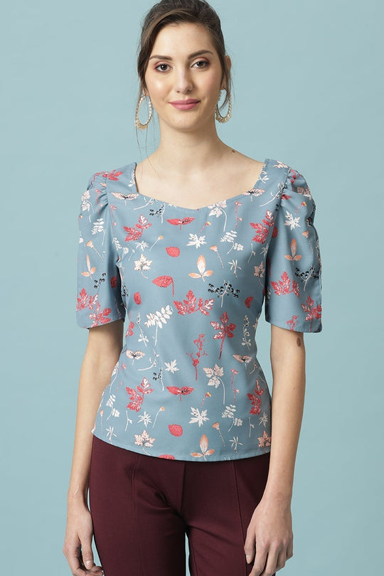 Gipsy Steel Blue Medium Length Round Neck Polyester Blouse