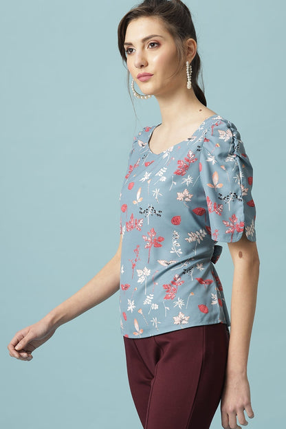 Gipsy Steel Blue Medium Length Round Neck Polyester Blouse