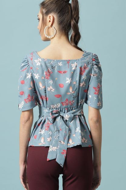 Gipsy Steel Blue Medium Length Round Neck Polyester Blouse