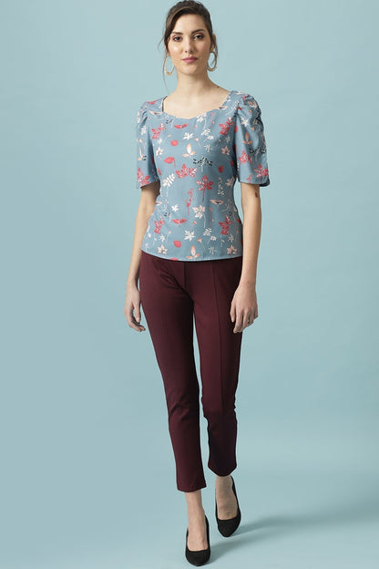 Gipsy Steel Blue Medium Length Round Neck Polyester Blouse