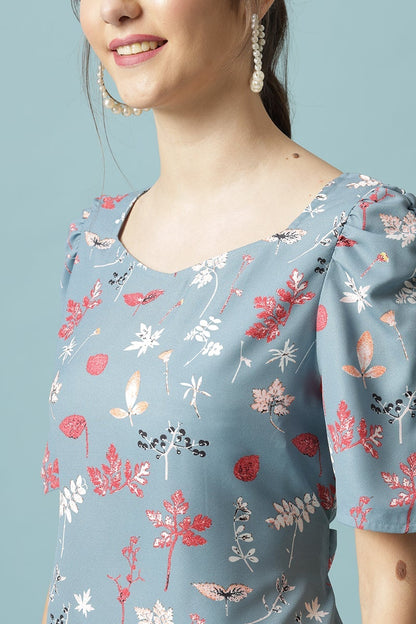 Gipsy Steel Blue Medium Length Round Neck Polyester Blouse