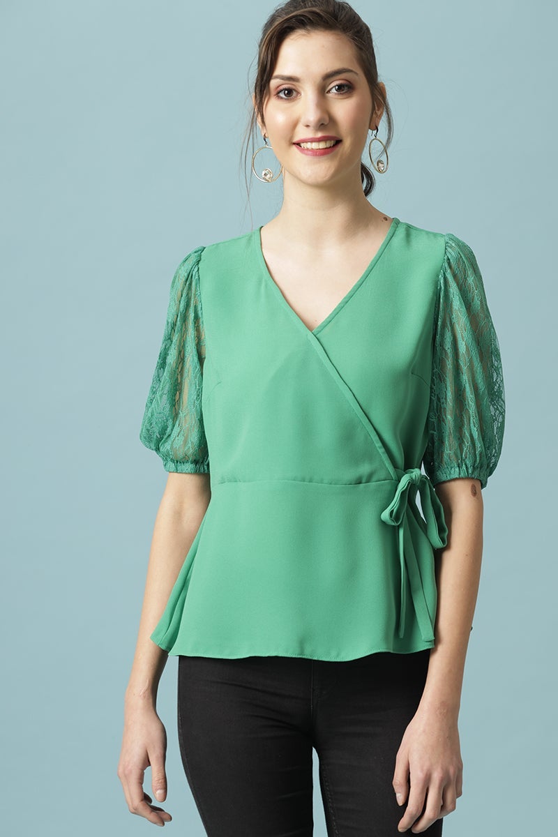 Gipsy Green Medium Length V-Neck Polyester Blouse
