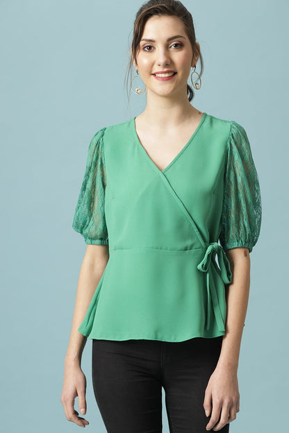 Gipsy Green Medium Length V-Neck Polyester Blouse