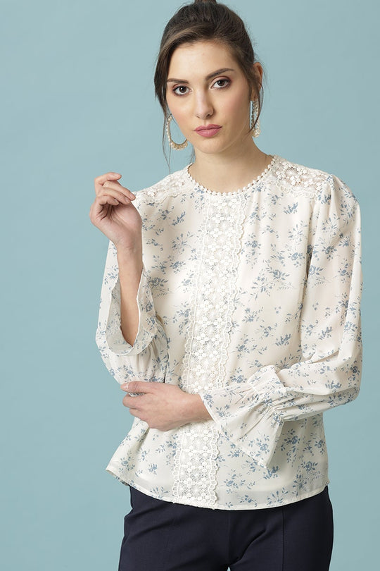 Gipsy Cream Medium Length Round Neck Polyester Blouse