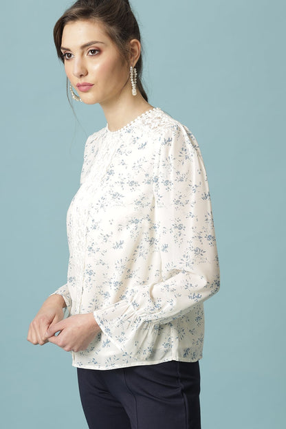 Gipsy Cream Medium Length Round Neck Polyester Blouse