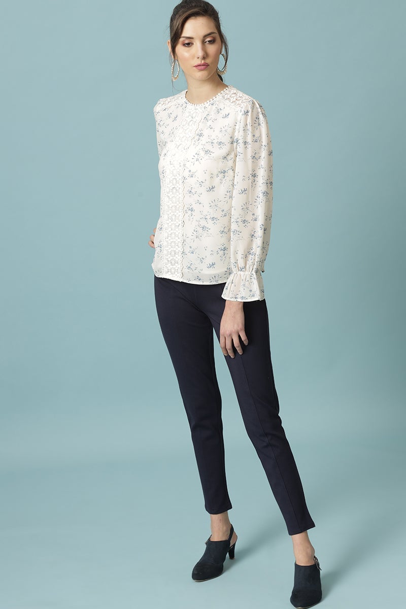 Gipsy Cream Medium Length Round Neck Polyester Blouse