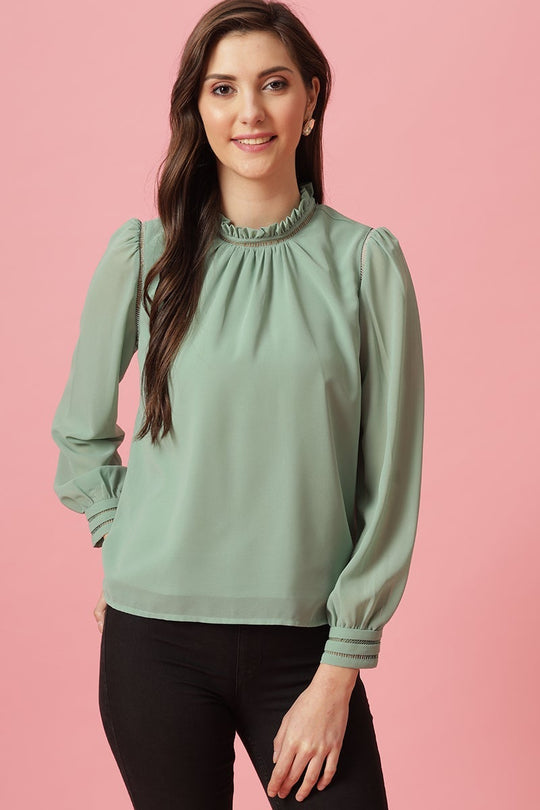 Gipsy Mint Medium Length Choker Neck Polyester Blouse