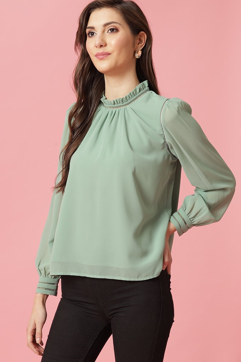 Gipsy Mint Medium Length Choker Neck Polyester Blouse