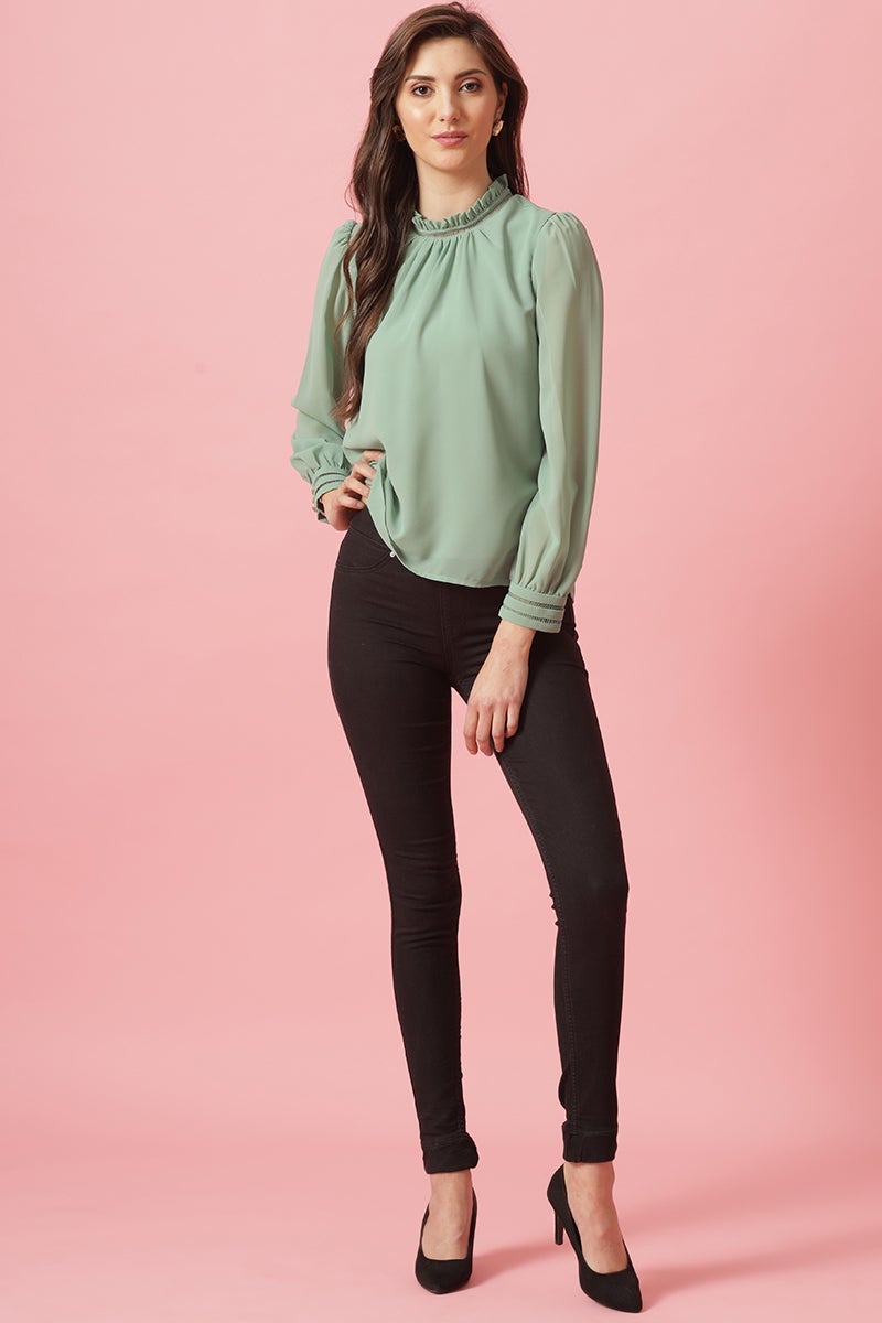 Gipsy Mint Medium Length Choker Neck Polyester Blouse