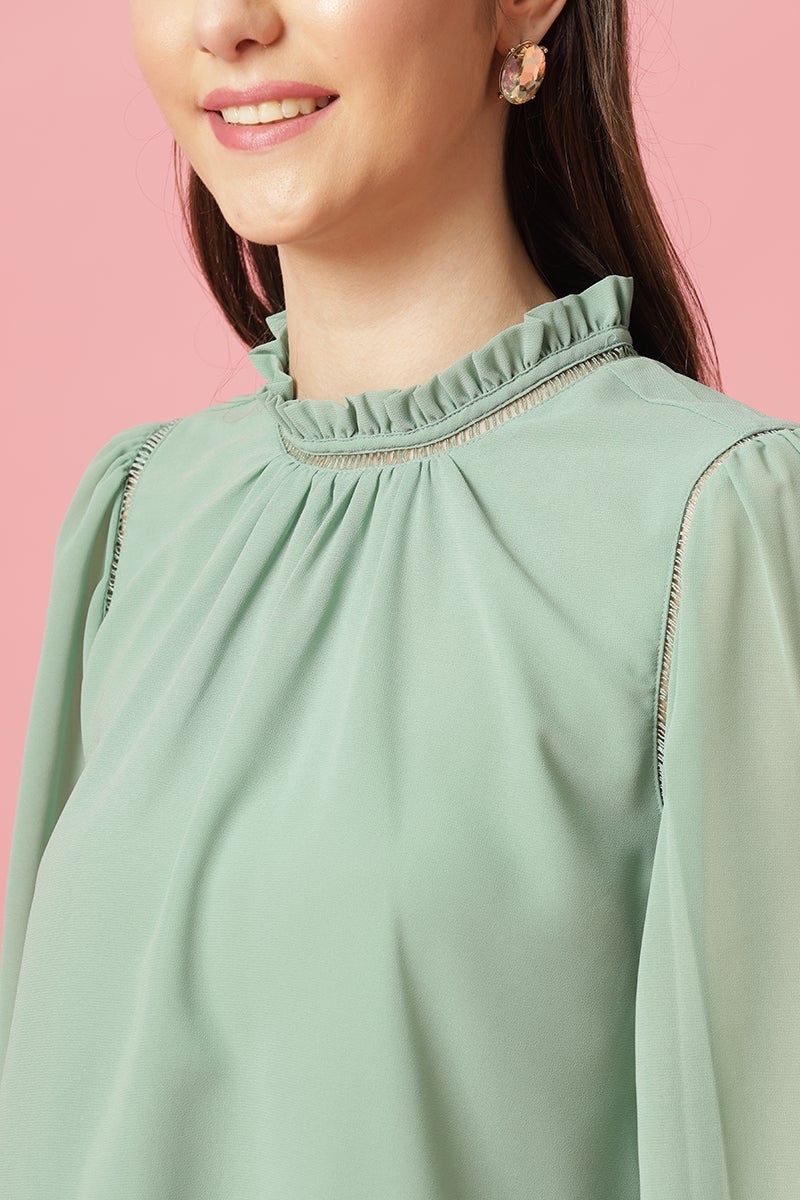 Gipsy Mint Medium Length Choker Neck Polyester Blouse