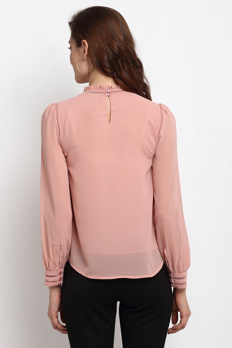 Pink Medium Length Boat Neck Polyester Blouse