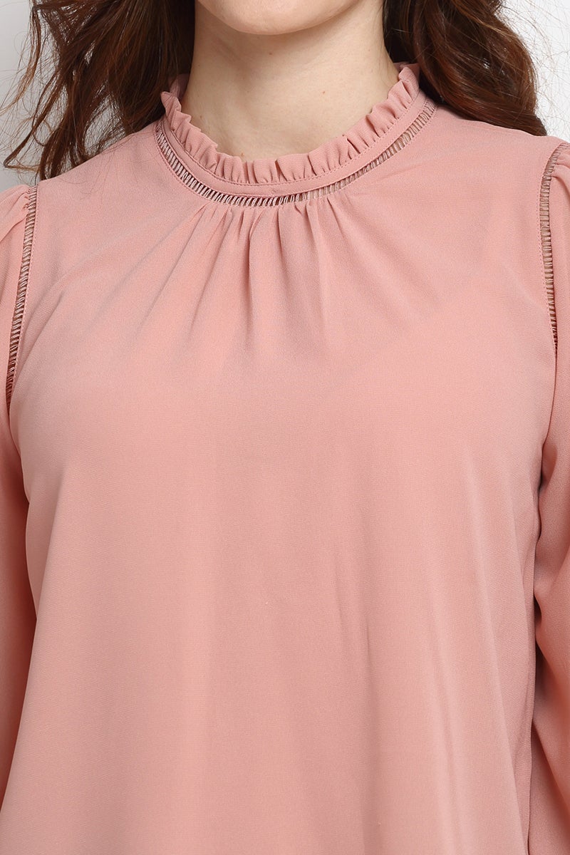 Pink Medium Length Boat Neck Polyester Blouse