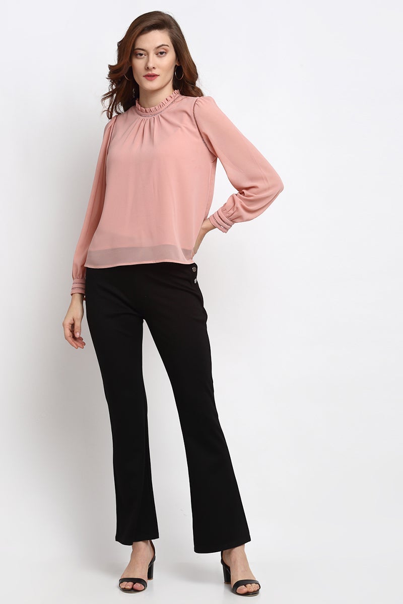 Pink Medium Length Boat Neck Polyester Blouse