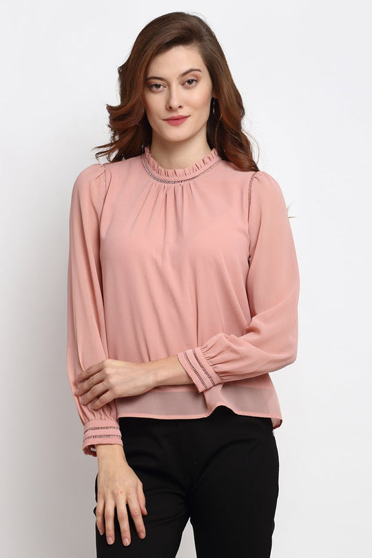 Pink Medium Length Boat Neck Polyester Blouse