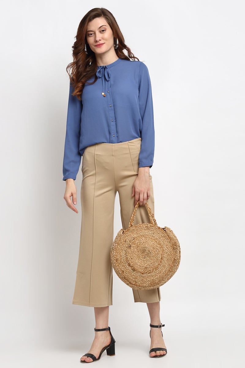 Beige Ankle Length Solid NR Knit Culottes