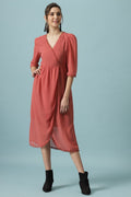 Gipsy Brick Pink Midi Length V-Neck Polyester Dress