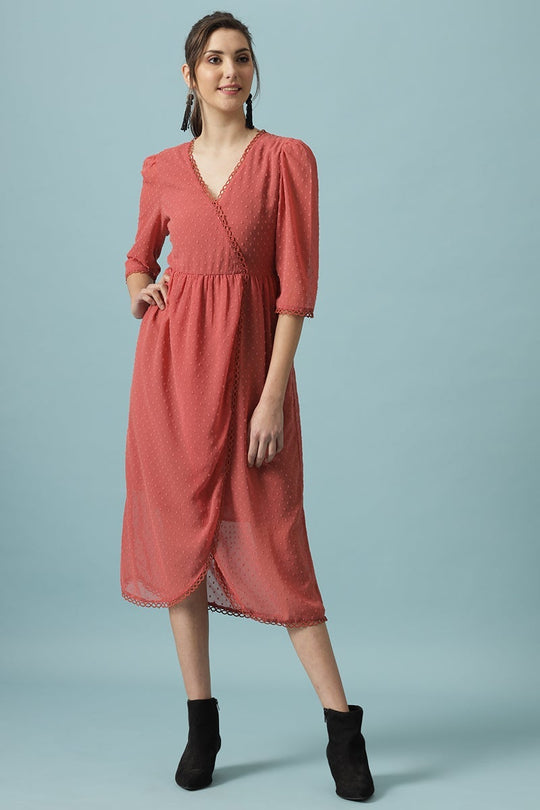 Gipsy Brick Pink Midi Length V-Neck Polyester Dress