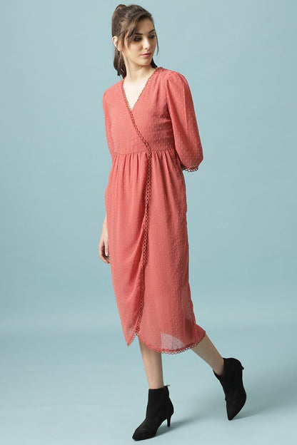 Gipsy Brick Pink Midi Length V-Neck Polyester Dress