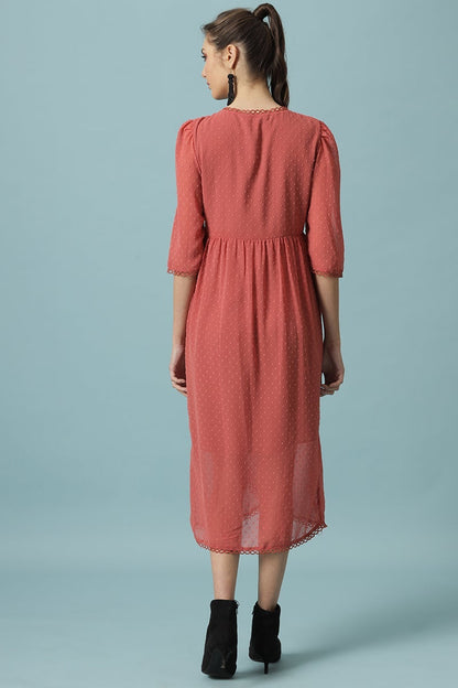 Gipsy Brick Pink Midi Length V-Neck Polyester Dress