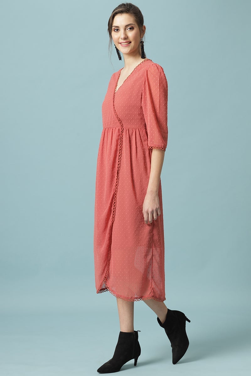Gipsy Brick Pink Midi Length V-Neck Polyester Dress