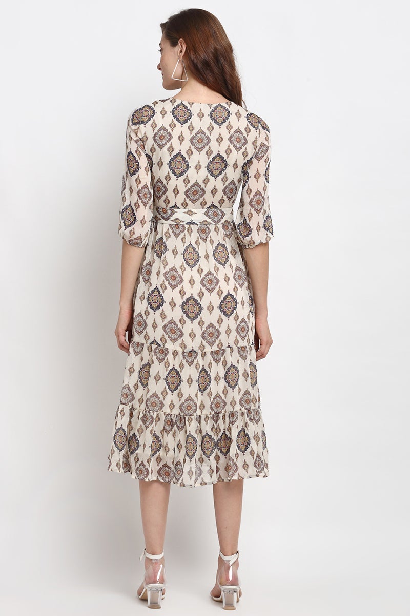Cream Midi Length Round Neck Polyester Dress