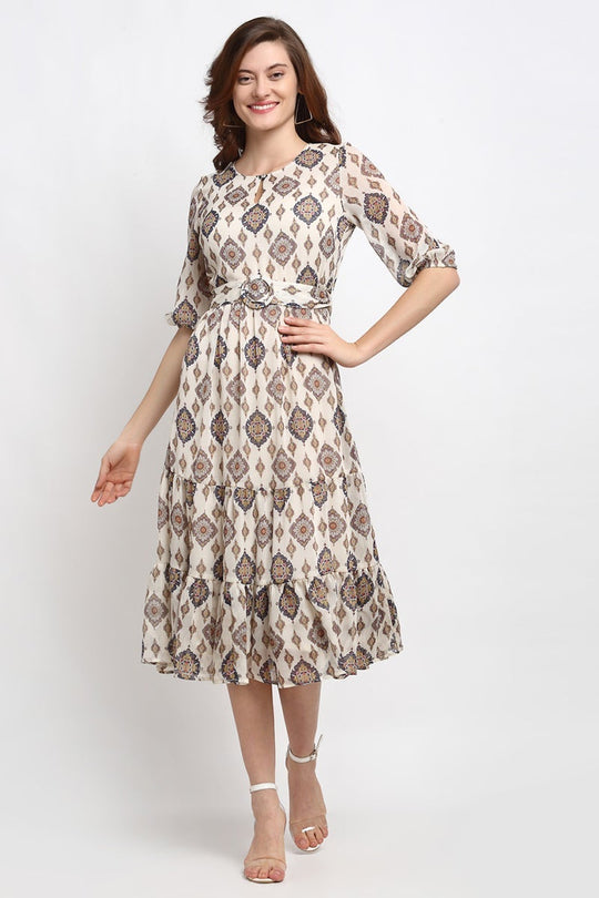 Cream Midi Length Round Neck Polyester Dress