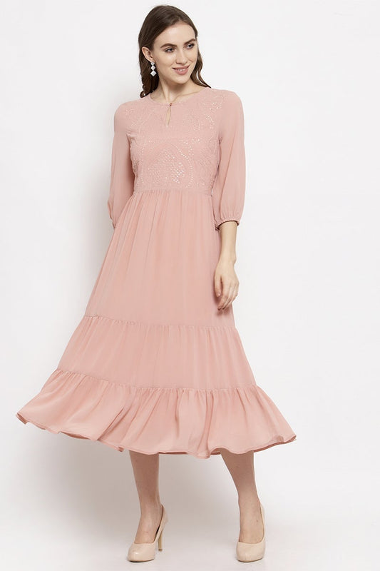 Gipsy Dusky Pink Midi Length Round Neck Georgette Dress