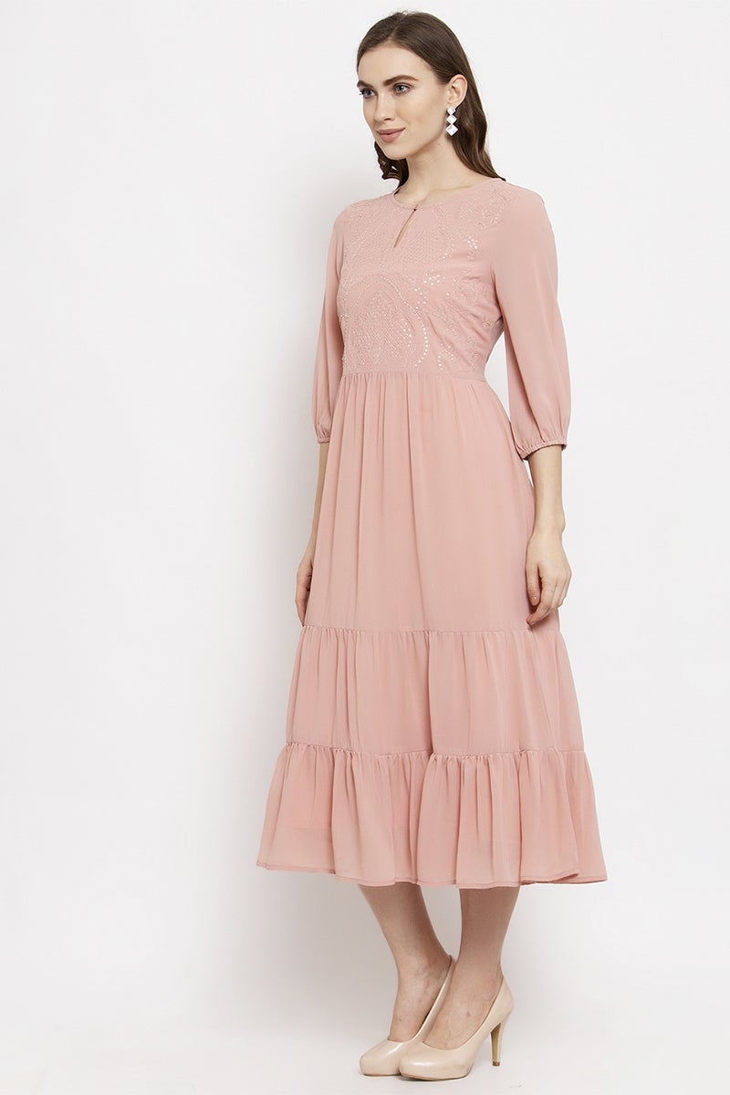 Gipsy Dusky Pink Midi Length Round Neck Georgette Dress