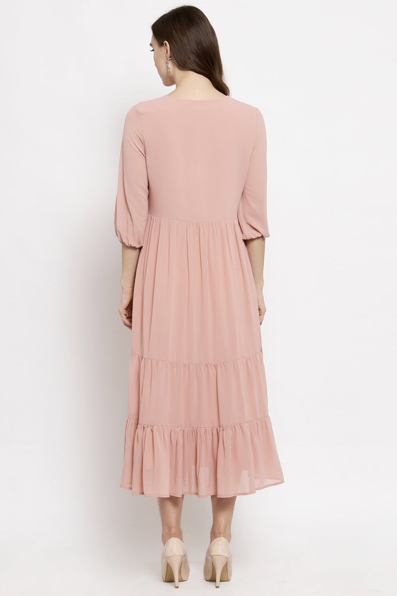 Gipsy Dusky Pink Midi Length Round Neck Georgette Dress