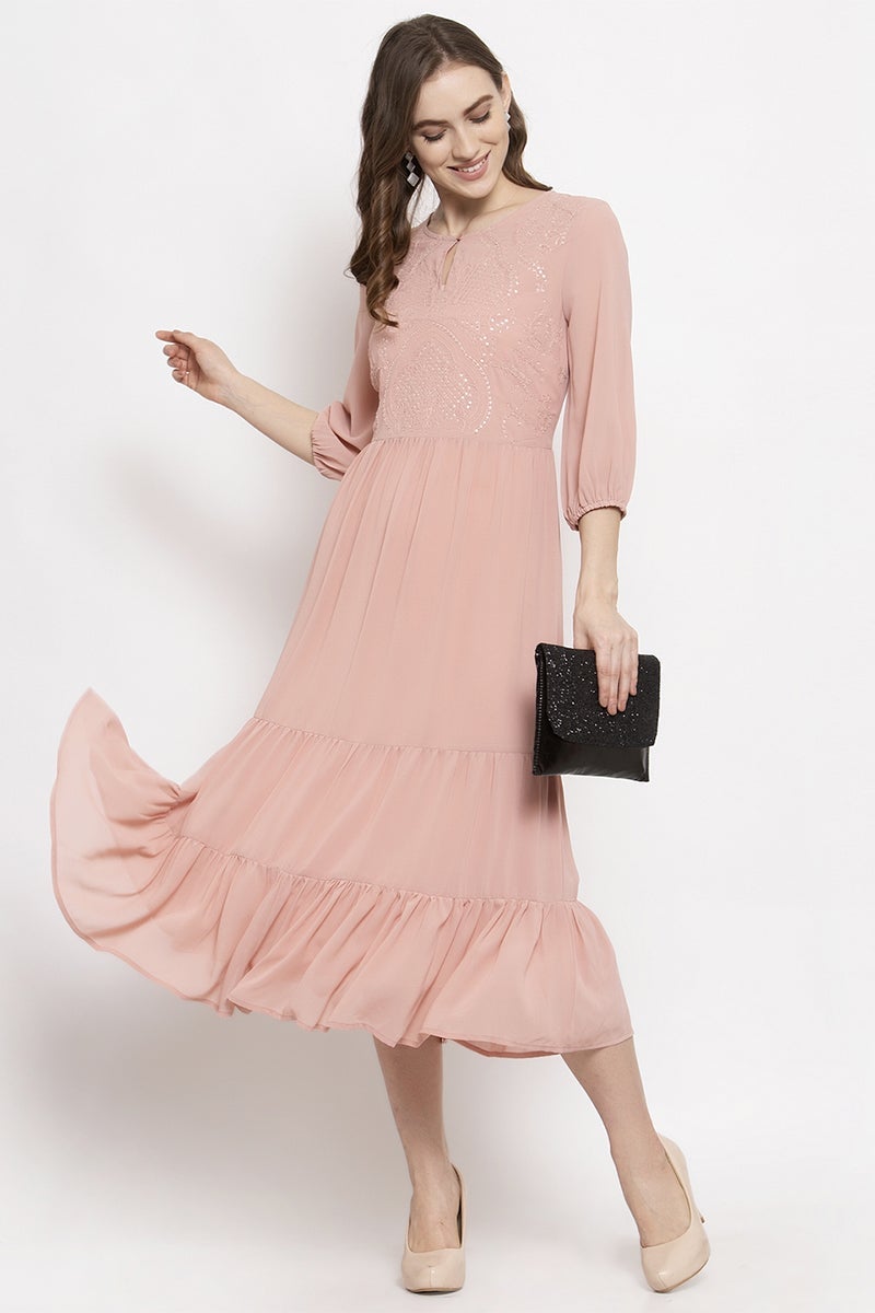 Gipsy Dusky Pink Midi Length Round Neck Georgette Dress