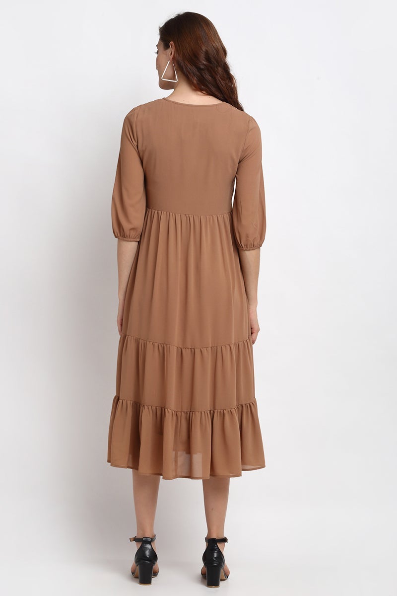 Khaki Midi Length Round Neck Polyester Dress