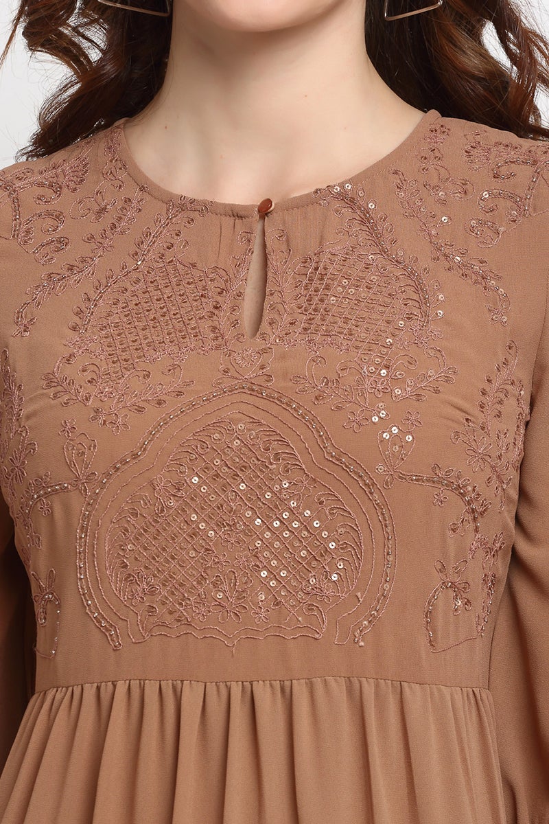 Khaki Midi Length Round Neck Polyester Dress