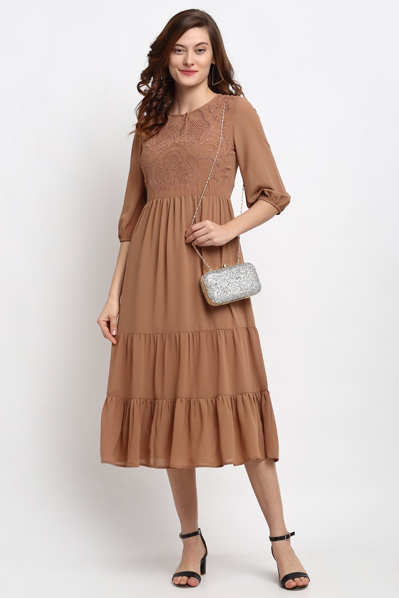 Khaki Midi Length Round Neck Polyester Dress