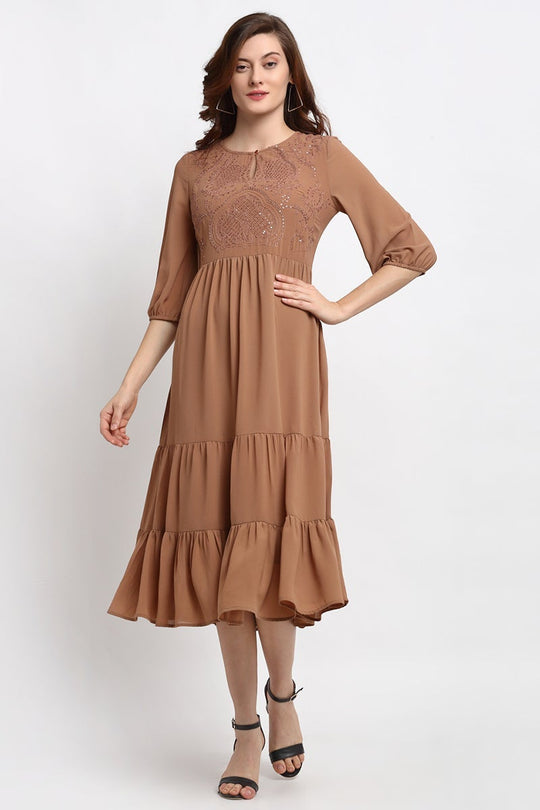 Khaki Midi Length Round Neck Polyester Dress