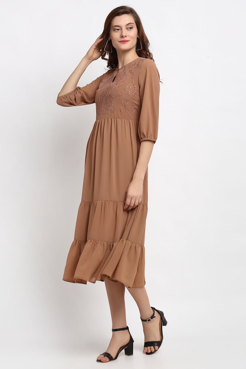 Khaki Midi Length Round Neck Polyester Dress