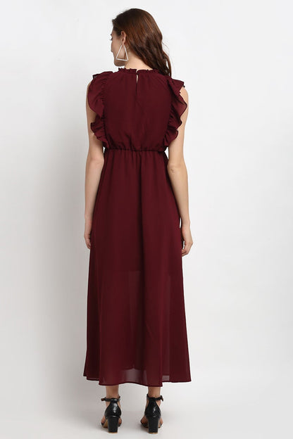 Wine Midi Length Boat Neck Polyester Dress