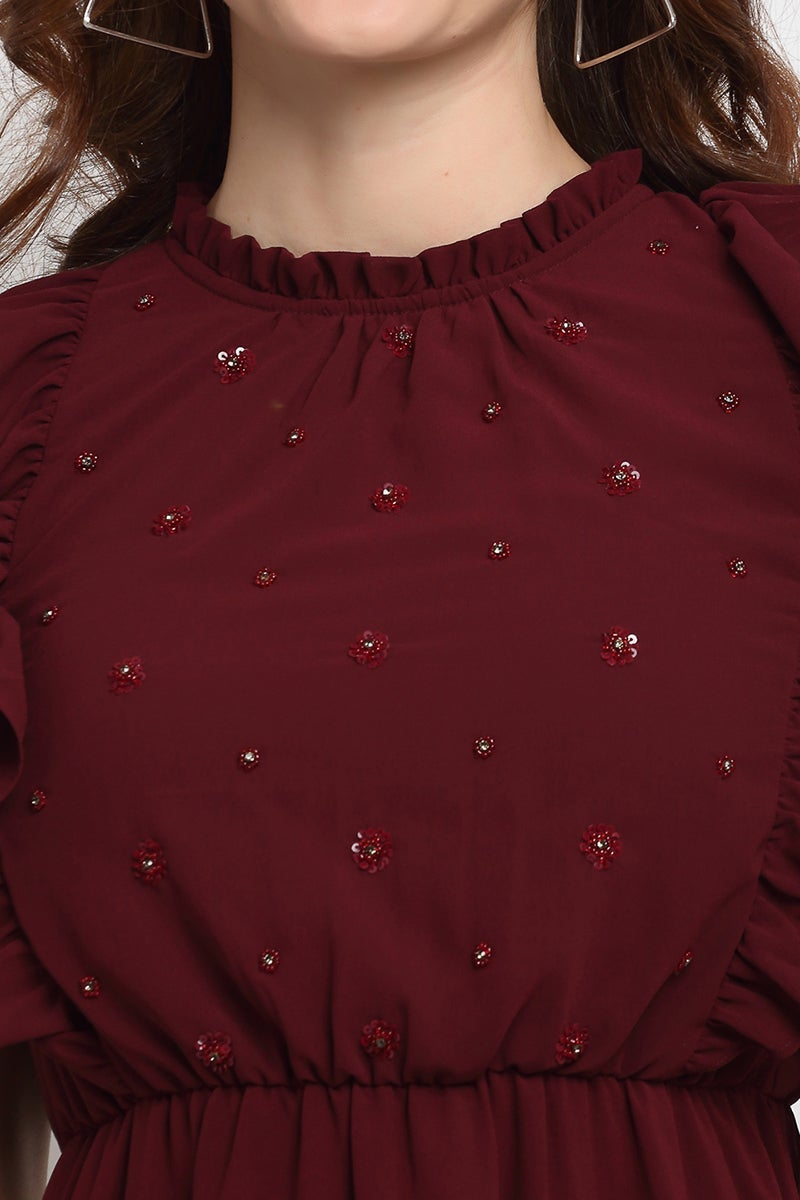 Wine Midi Length Boat Neck Polyester Dress