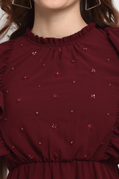 Wine Midi Length Boat Neck Polyester Dress