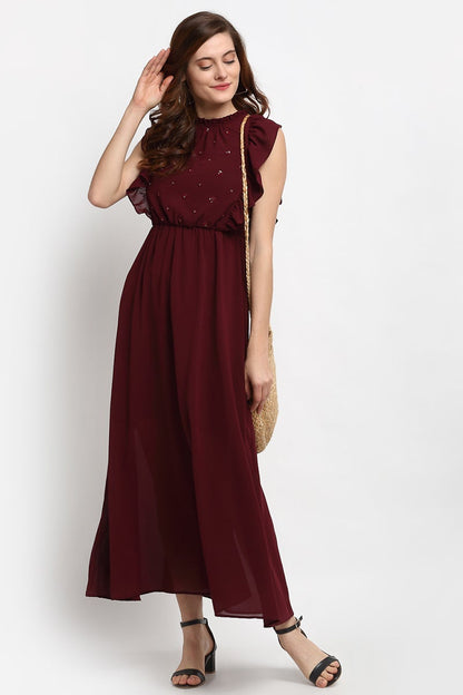 Wine Midi Length Boat Neck Polyester Dress