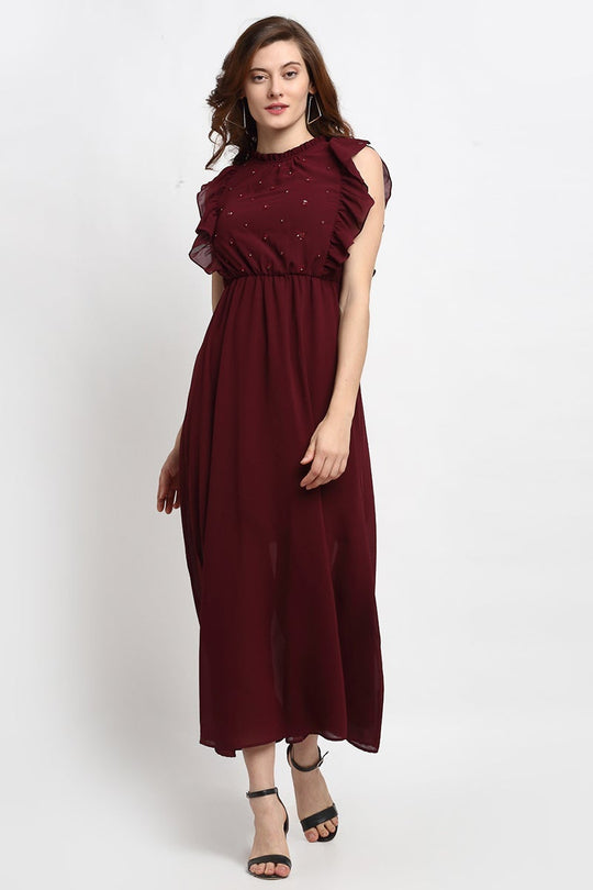 Wine Midi Length Boat Neck Polyester Dress