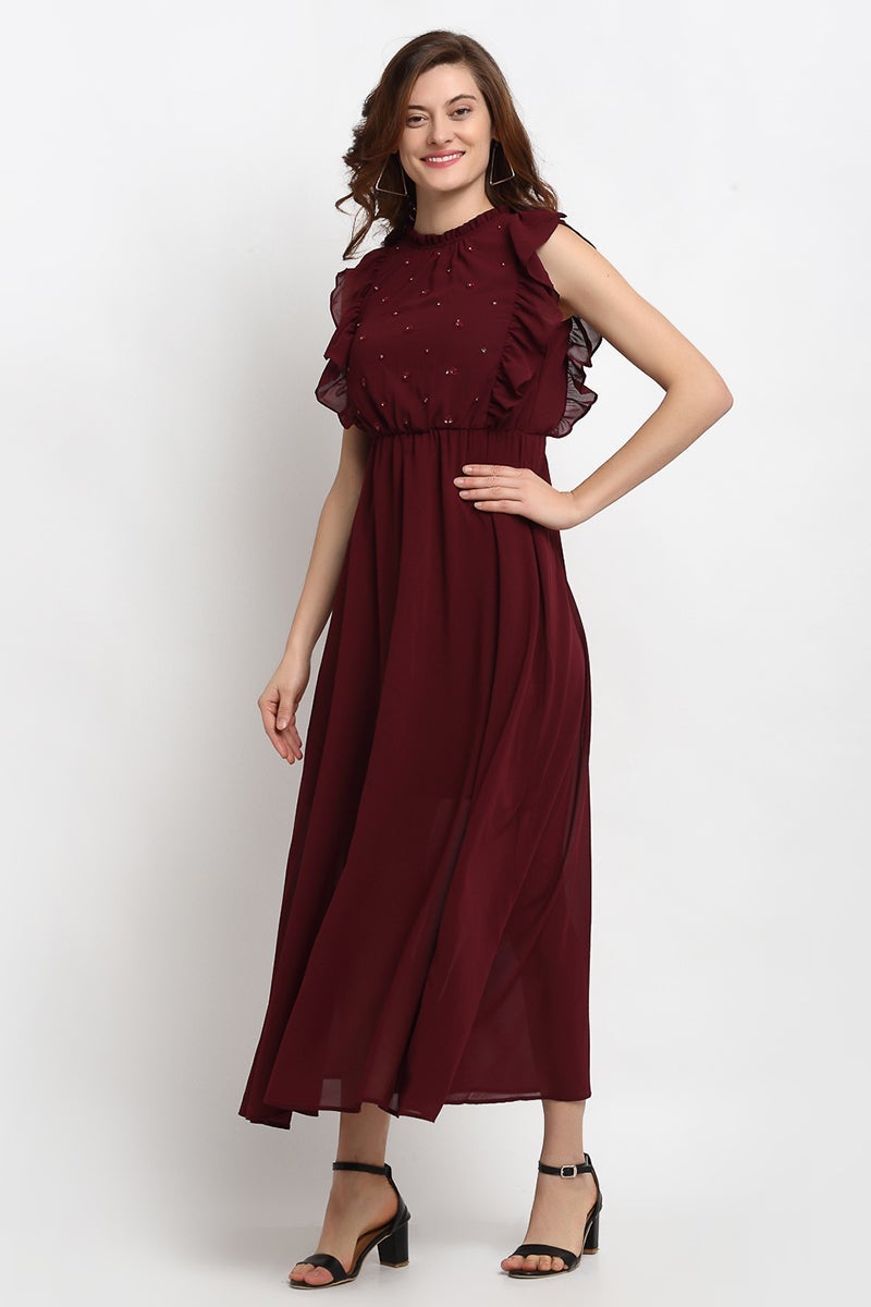Wine Midi Length Boat Neck Polyester Dress