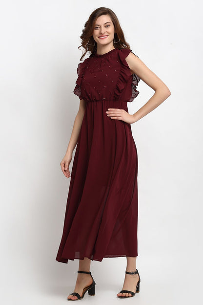 Wine Midi Length Boat Neck Polyester Dress