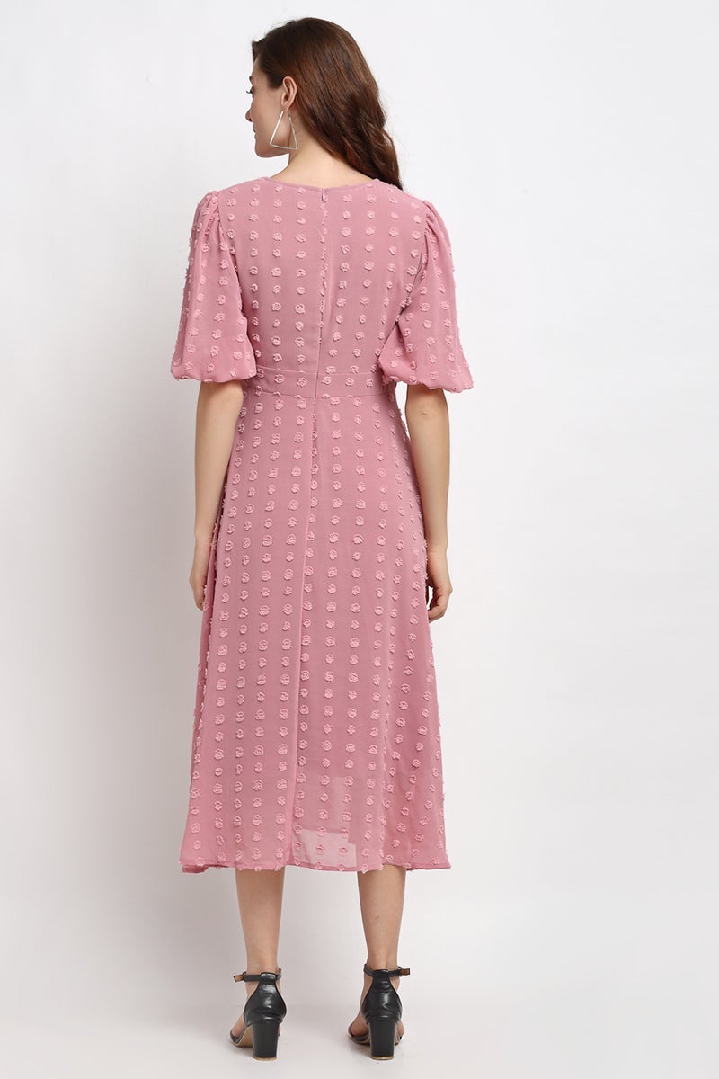 Brick Pink Midi Length Round Neck Georgette Dress
