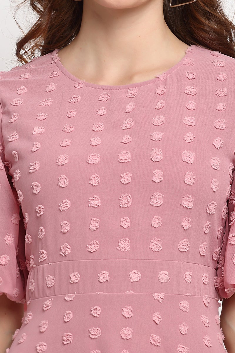 Brick Pink Midi Length Round Neck Georgette Dress