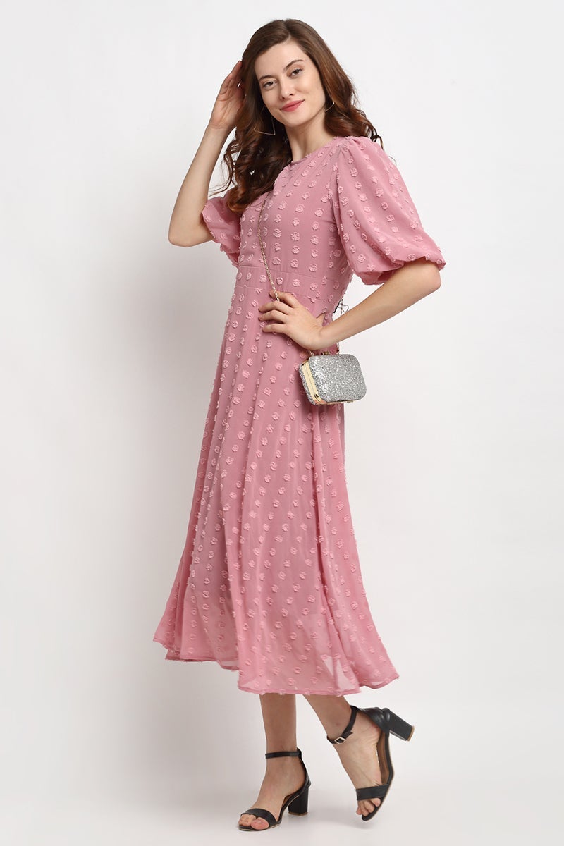 Brick Pink Midi Length Round Neck Georgette Dress
